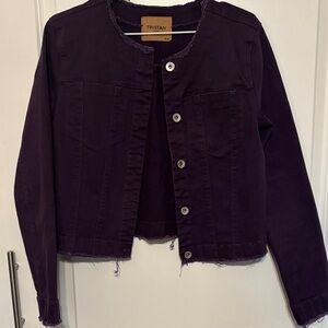 Tristan Plum Collarless Raw-Hem Jean Jacket